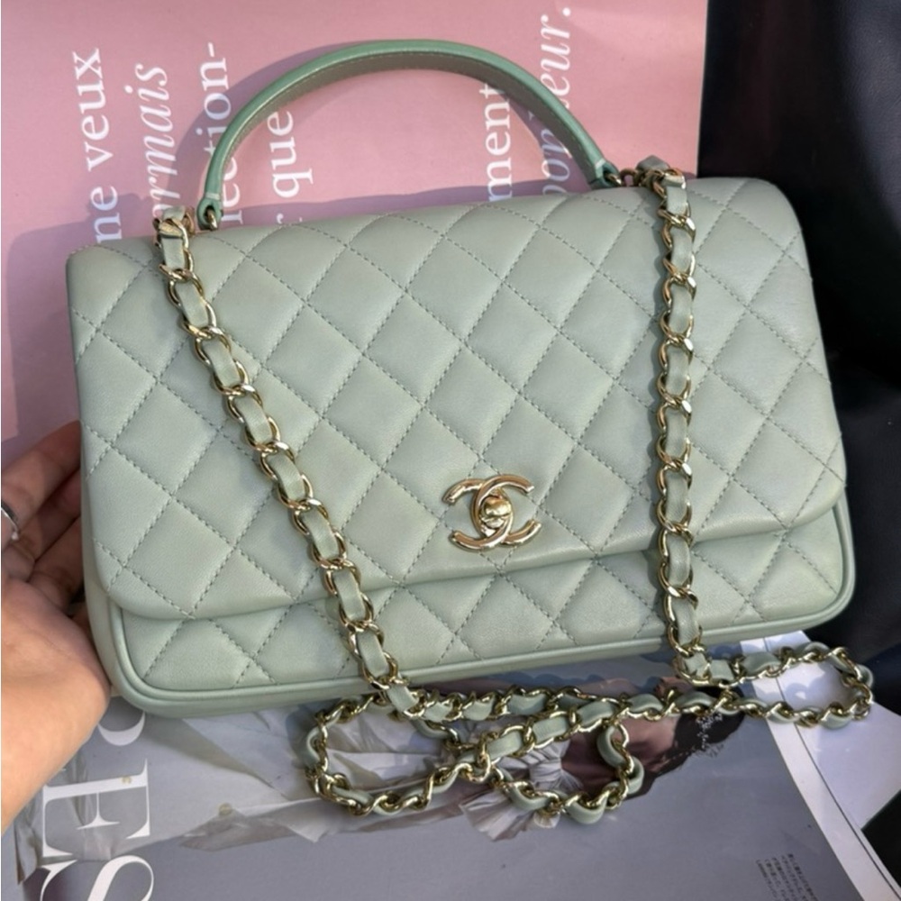 CHANEL Light Green Quilted Crossbody Bag